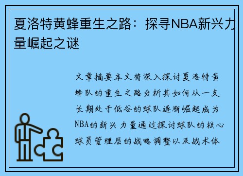 夏洛特黄蜂重生之路：探寻NBA新兴力量崛起之谜